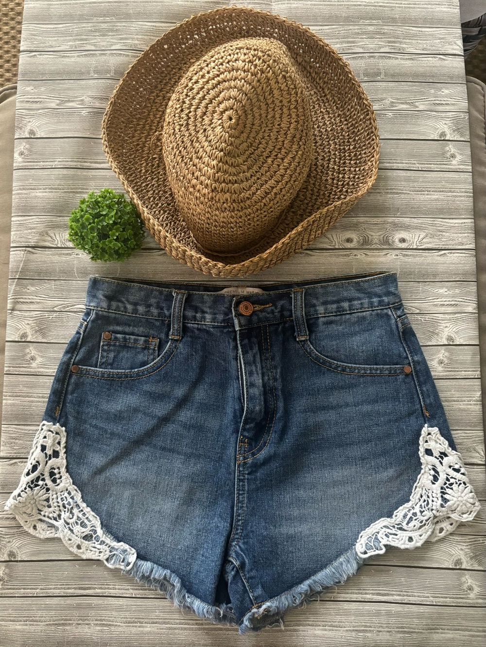 Zara Denim Shorts with White Crochet Accents